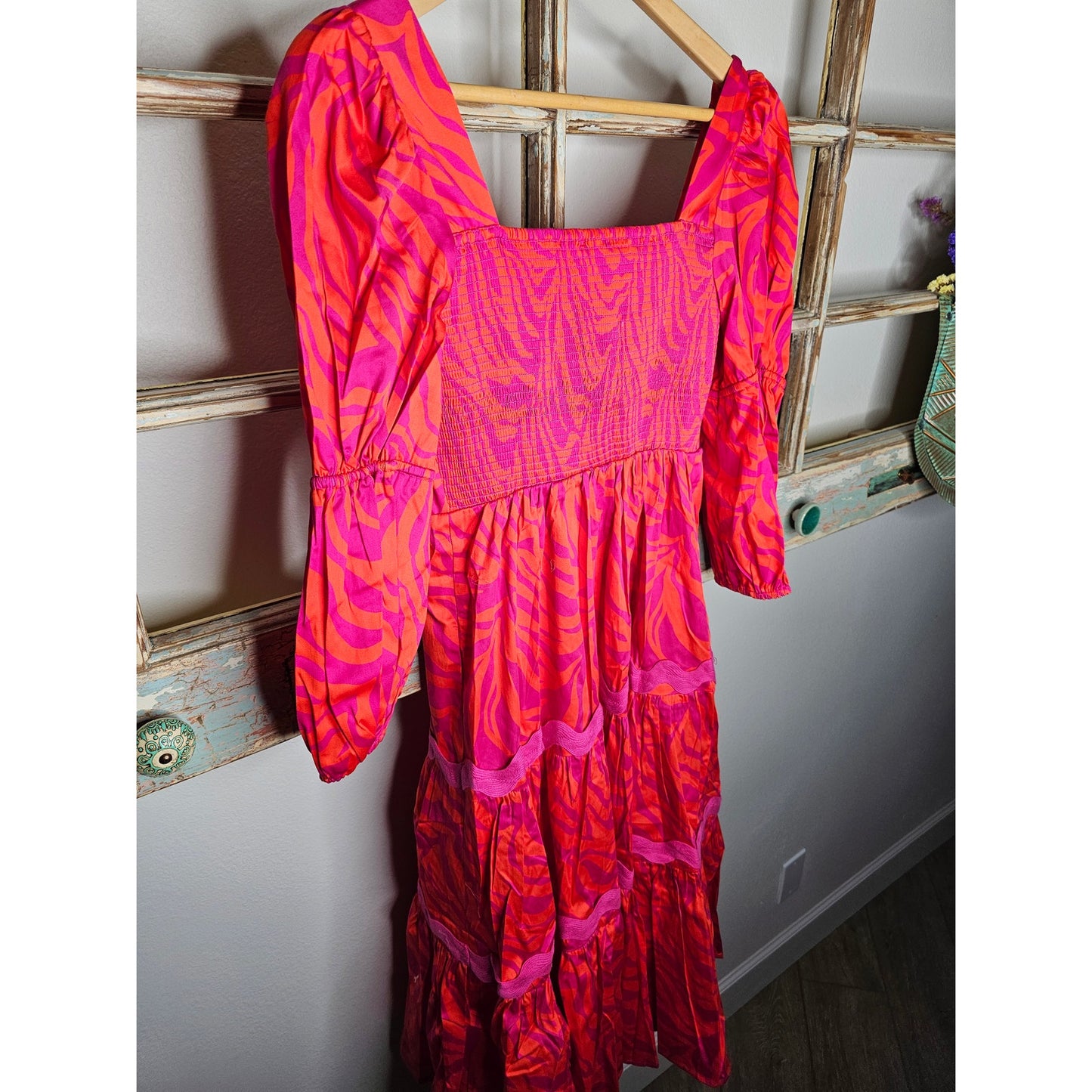 NWT Alden Adair Mia Cotton Tiered Zebra Dress in Pink/Red Ladies Size Small