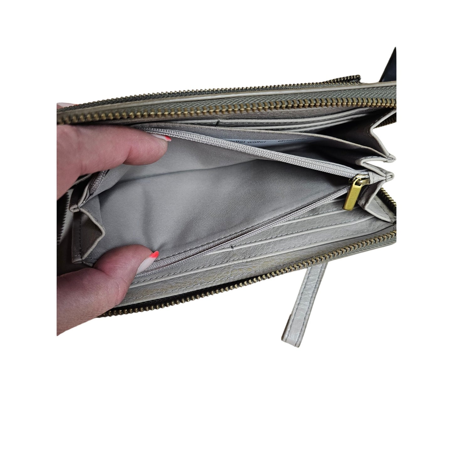 Fossil Khaki Gray Leather Clutch Wallet With Carry Strap