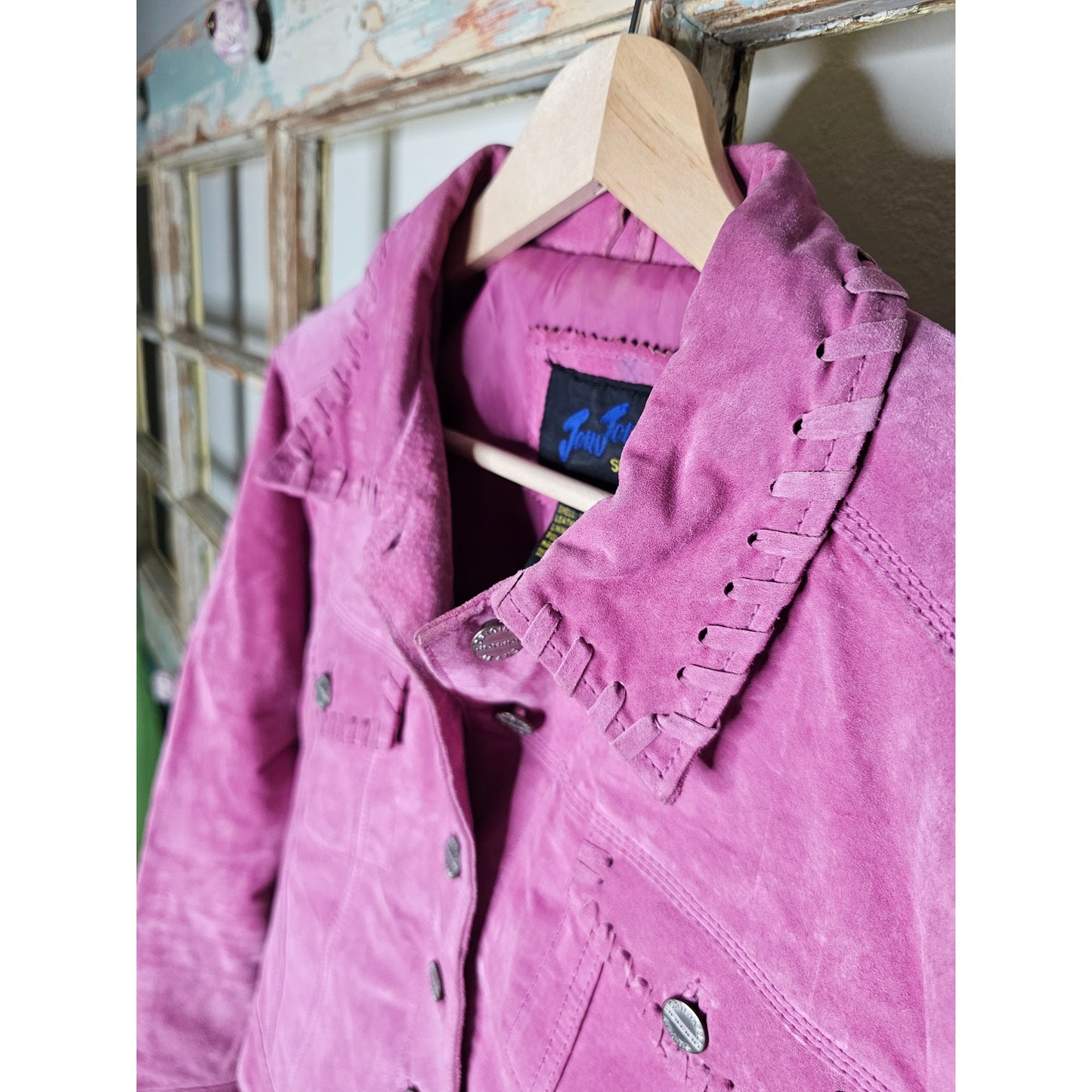 Vintage Jou Jou Pink Suede Button Up Jacket Whip Stitch Trims Size Xmall