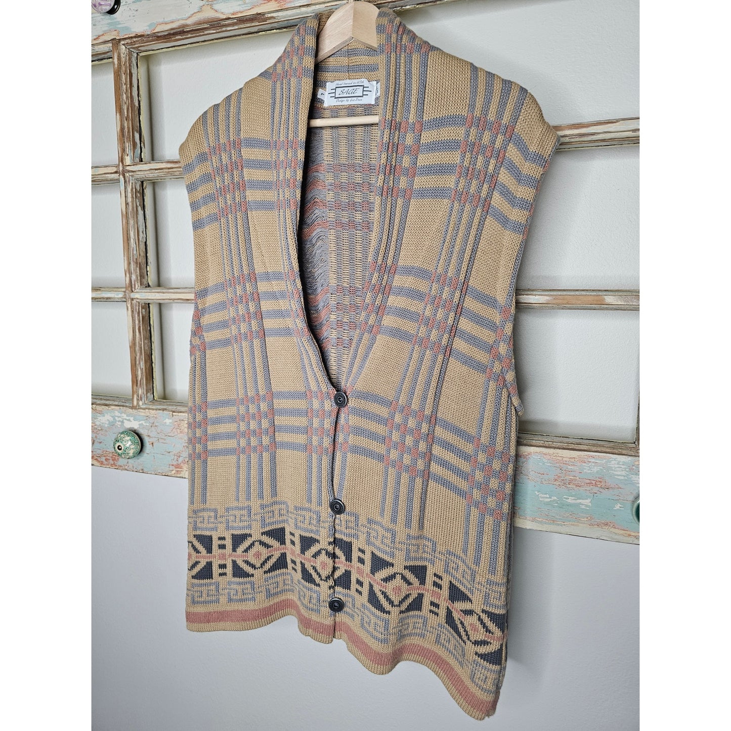 Sage Hand-loomed Vest Tribal Southwest Design Button Front Size Large