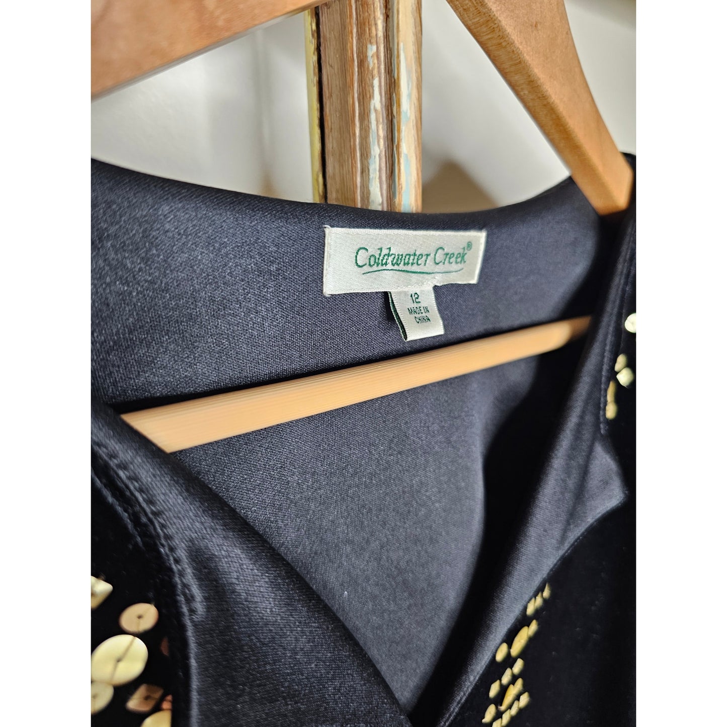 NWOT Coldwater Creek Black Velour V-Neckline Bell Sleeves Gold accents size 12