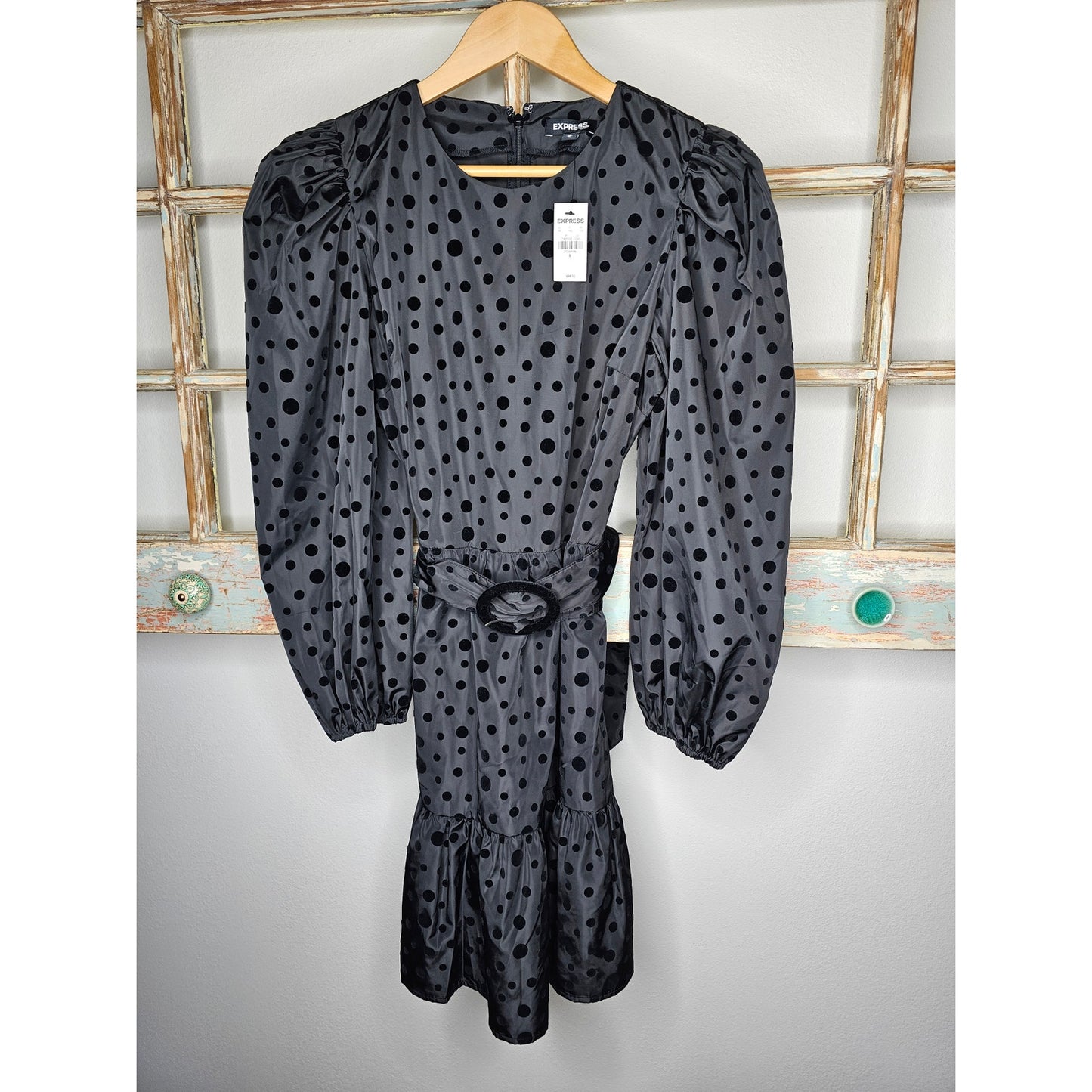 NWT Express black Velvety Polka Dot Puff Sleeve Tiered Dress size Medium