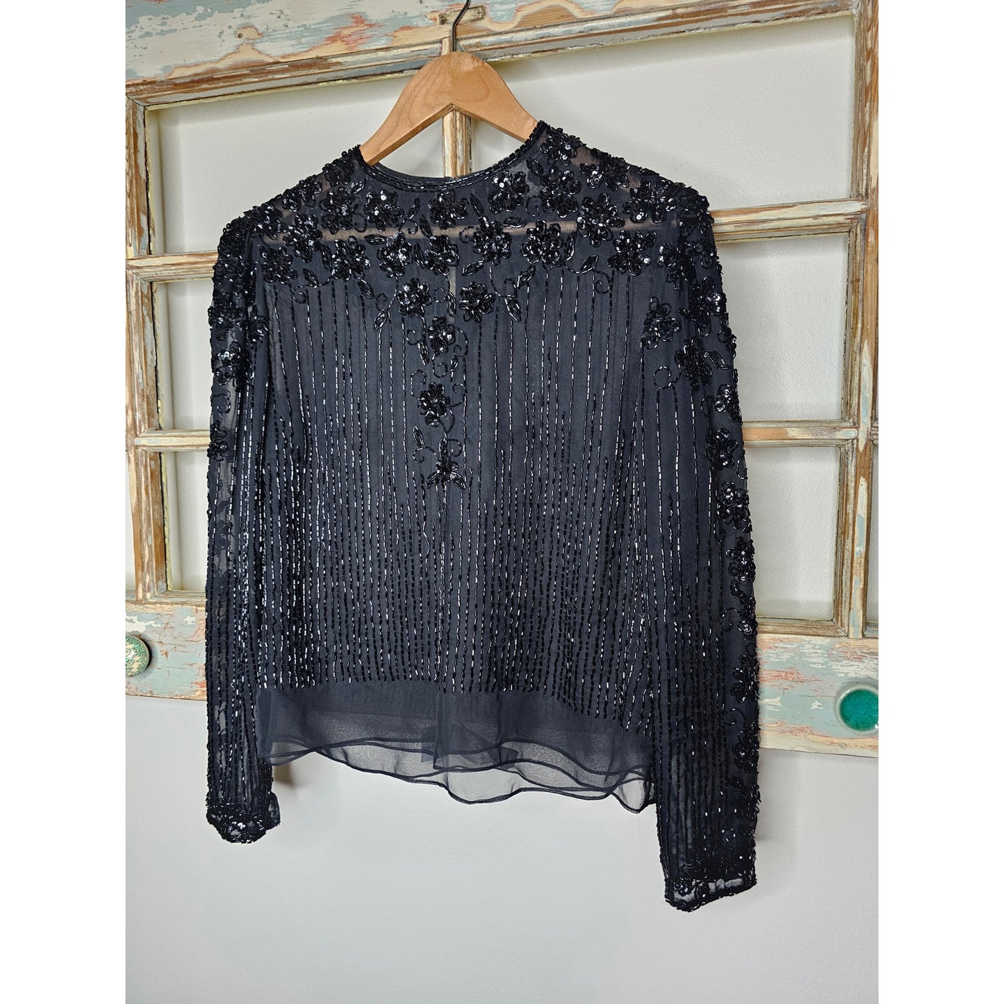 Vintage Black Beaded Long Sleeve Lined Blouse Ladies Size 12