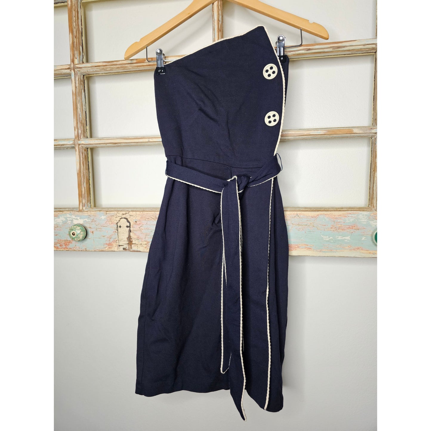 Eva Franco Halter Navy/ White Cocktail Dress Self Tie Belt Size 0
