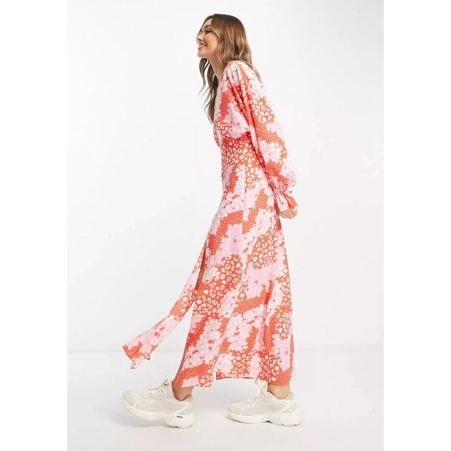 NWT ASOS Plunge Batwing Maxi Dress Pink Splice Print Ladies size 4