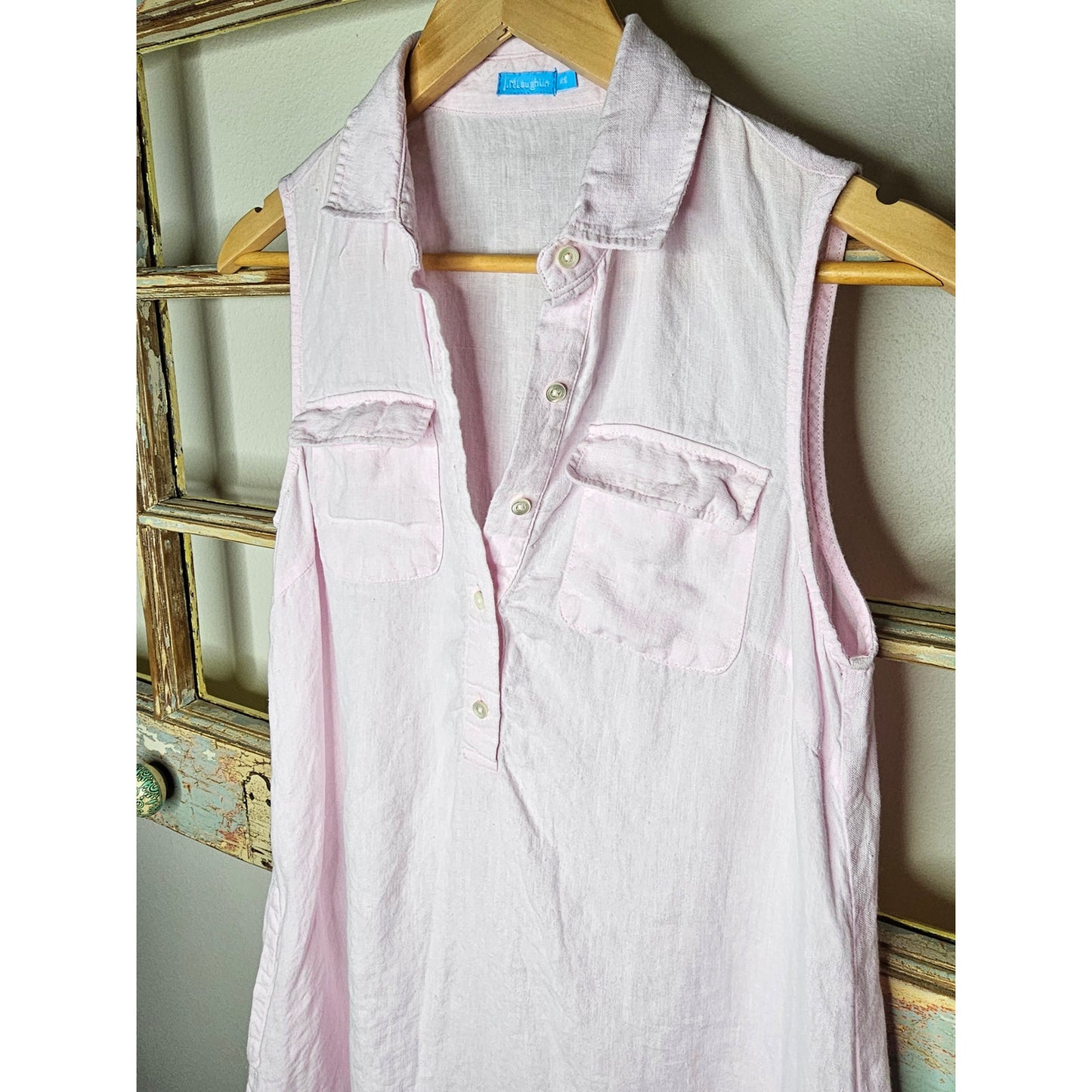 J. Mclaughlin Pink Linen Sleeveless 1/4 button up with collar Ladies size XS