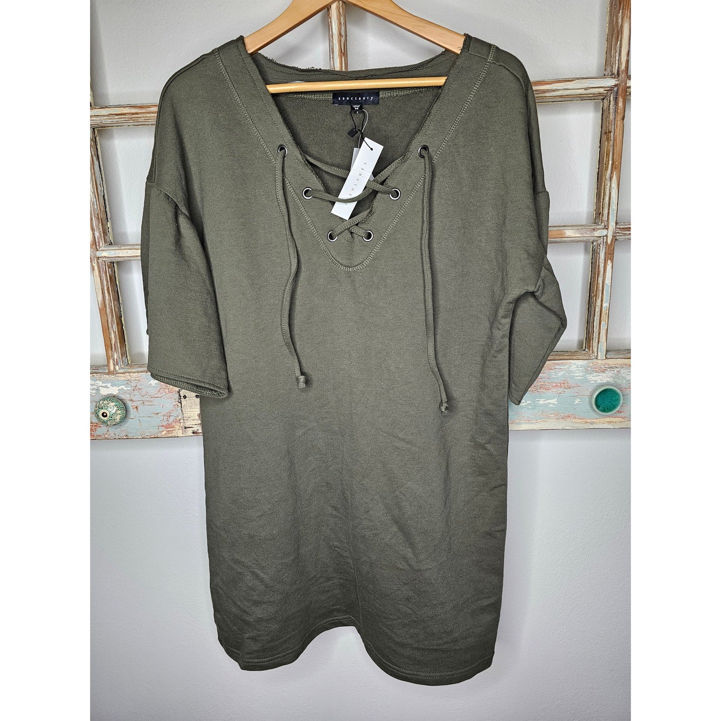 NWT Sactuary Army Green Short Sleeve Lace Up Ladies Medium Dress