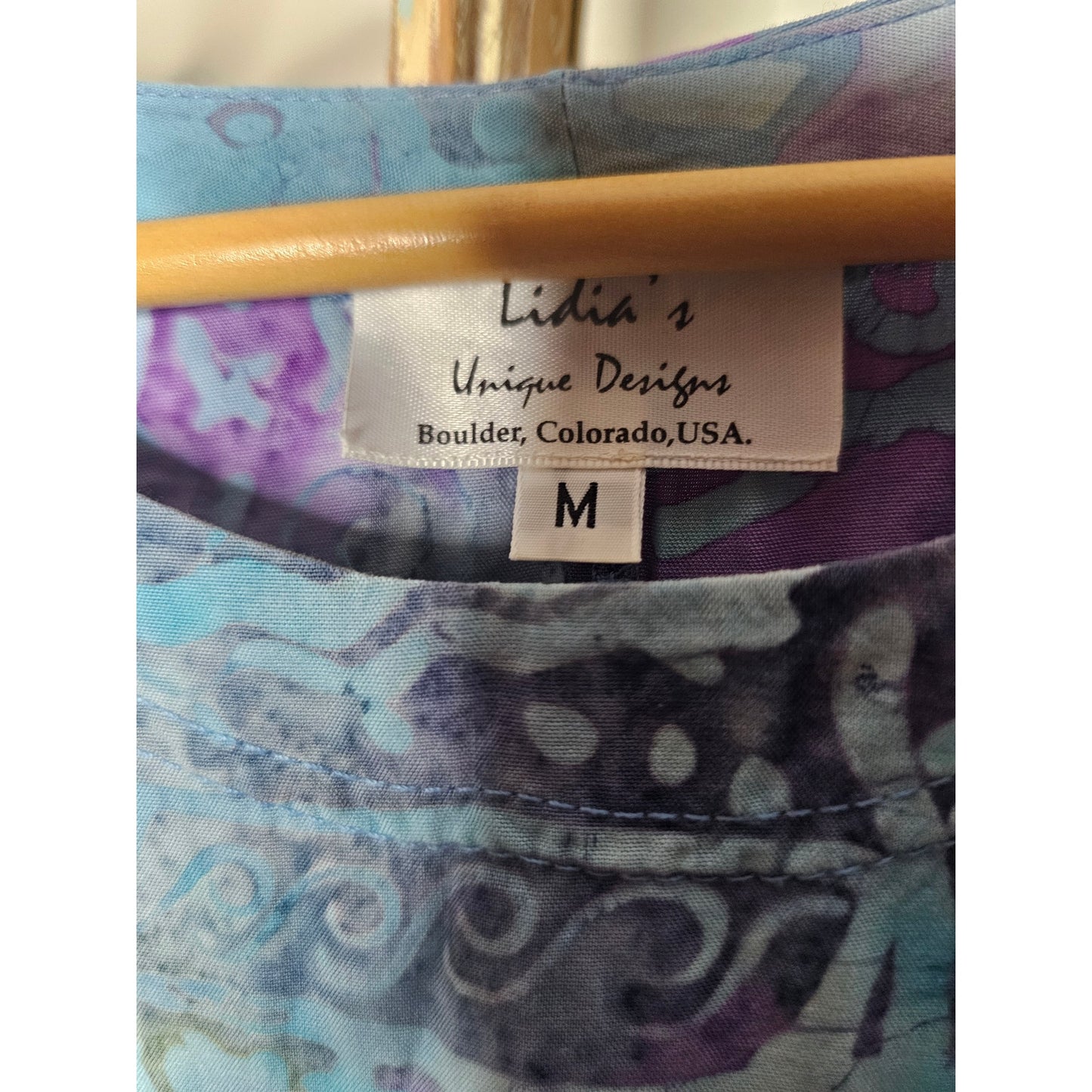 Vintage Batik Midi Dress Purples & Blues Patches Ladies size Medium