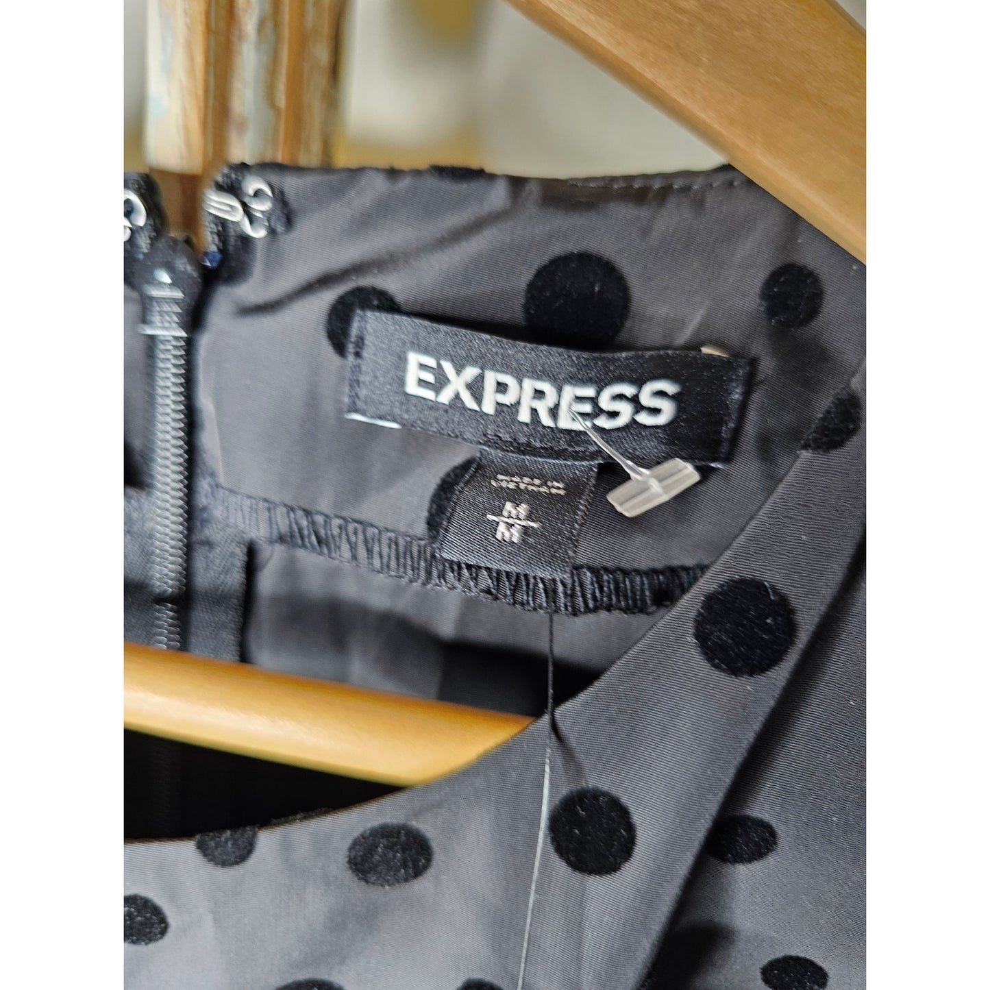 NWT Express black Velvety Polka Dot Puff Sleeve Tiered Dress size Medium