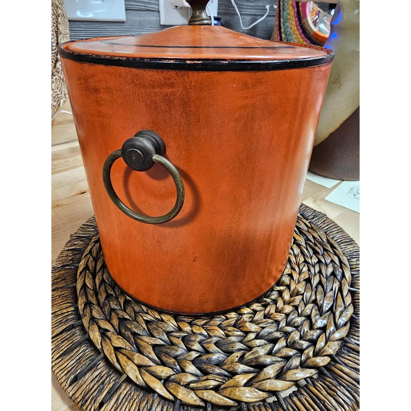 Vintage Cinnabar orange With black Wash/Trim Ice bucket Brass accents