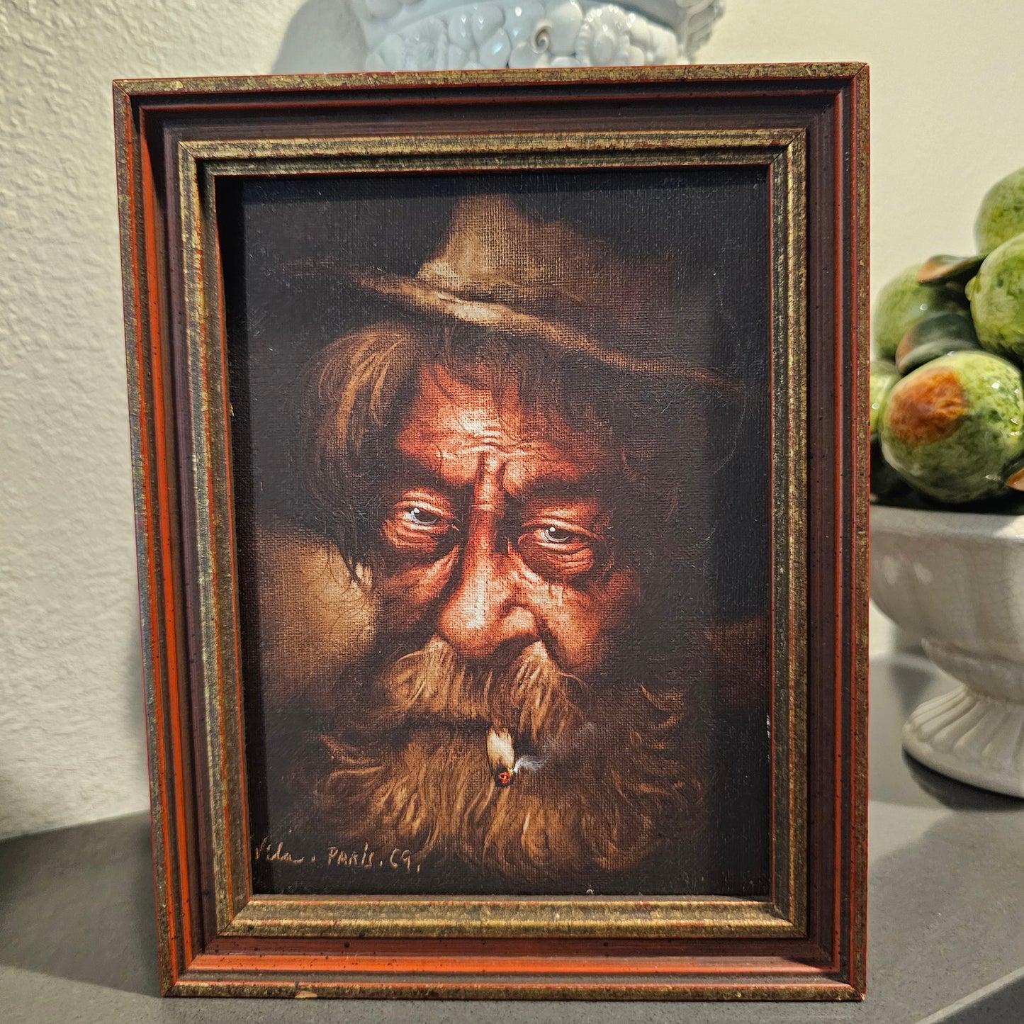 Vintage Set of Framed Oil Paintings Vila Paris 1969 Old Man Pipe & Cigarette