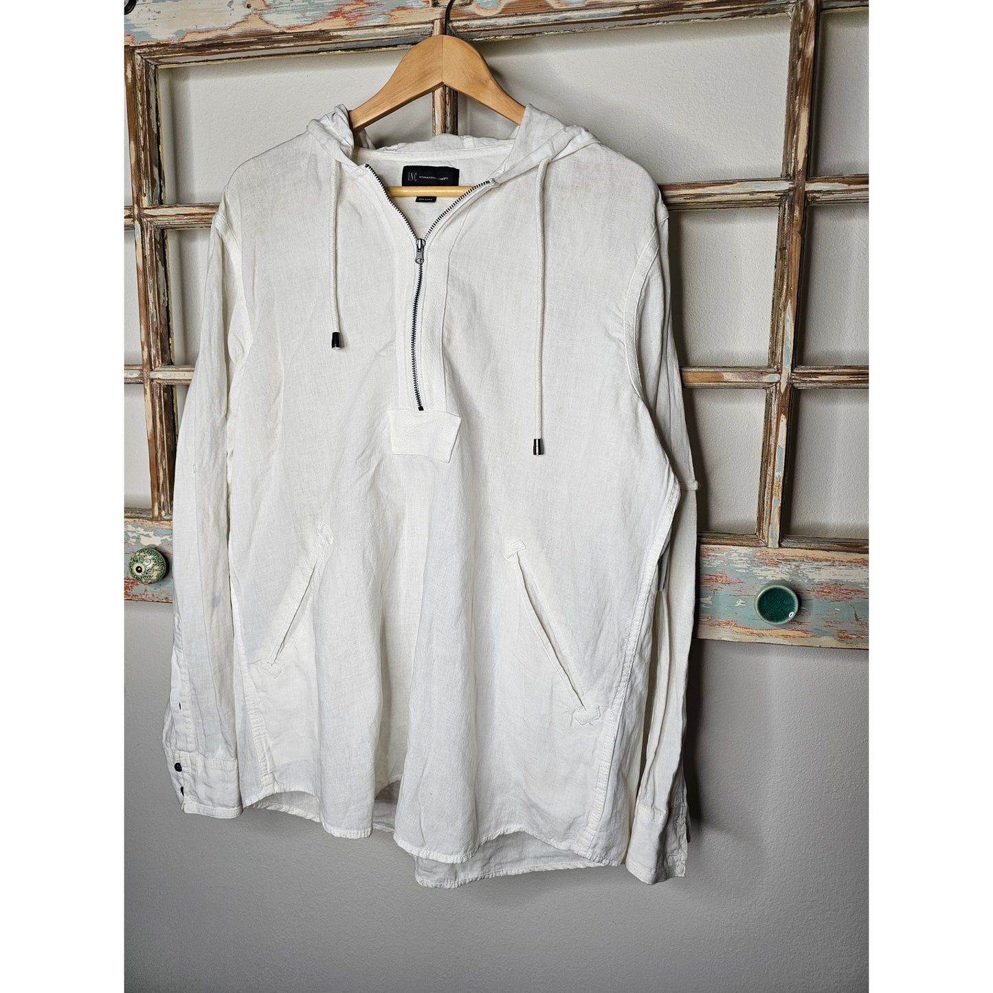 INC International White Linen Pullover Hoodie 1/3 Zip Ladies size XL