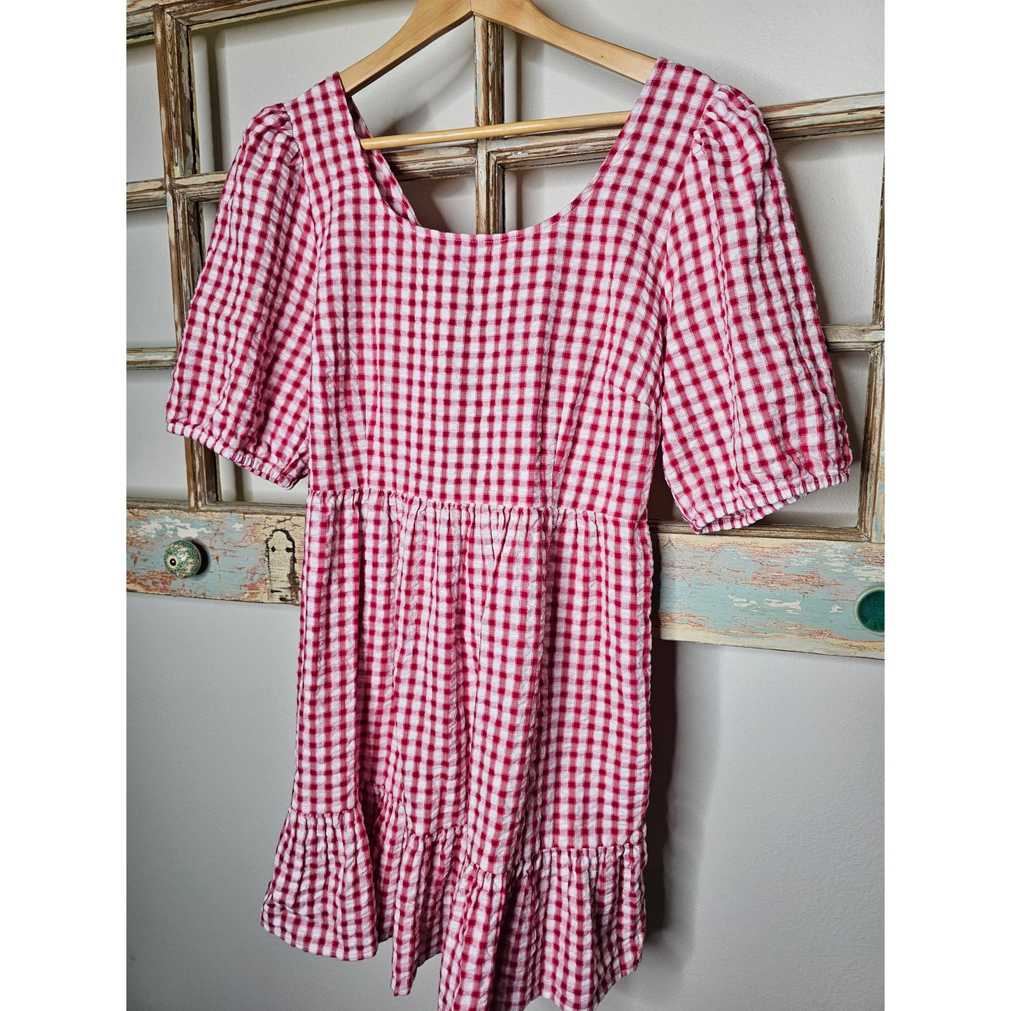 Gingham Red/White Tie Back Flounce Swing Dress Ladies size 12