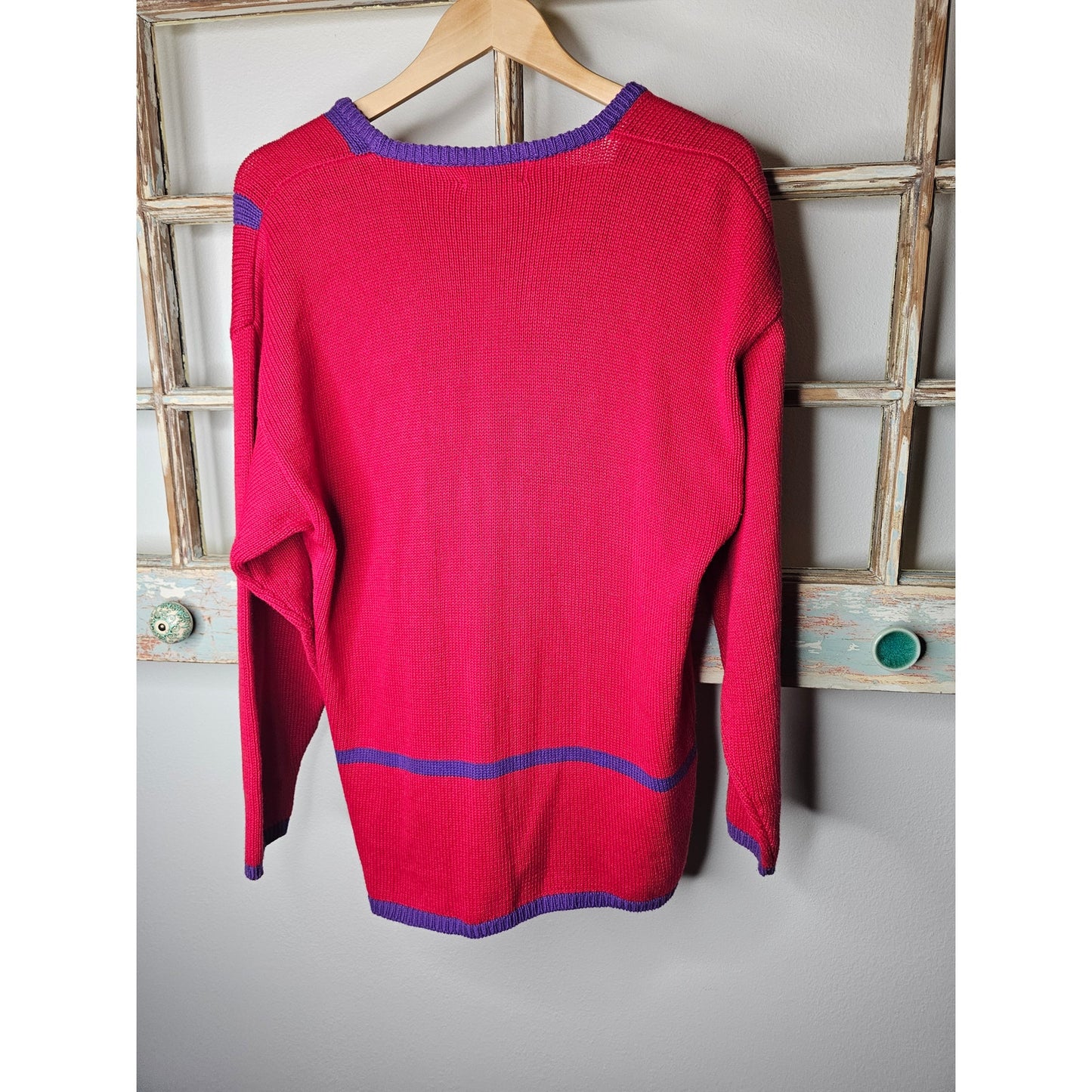 Vintage Red & Purple Cardigan Sweater w/ Patches Ladies size Medium