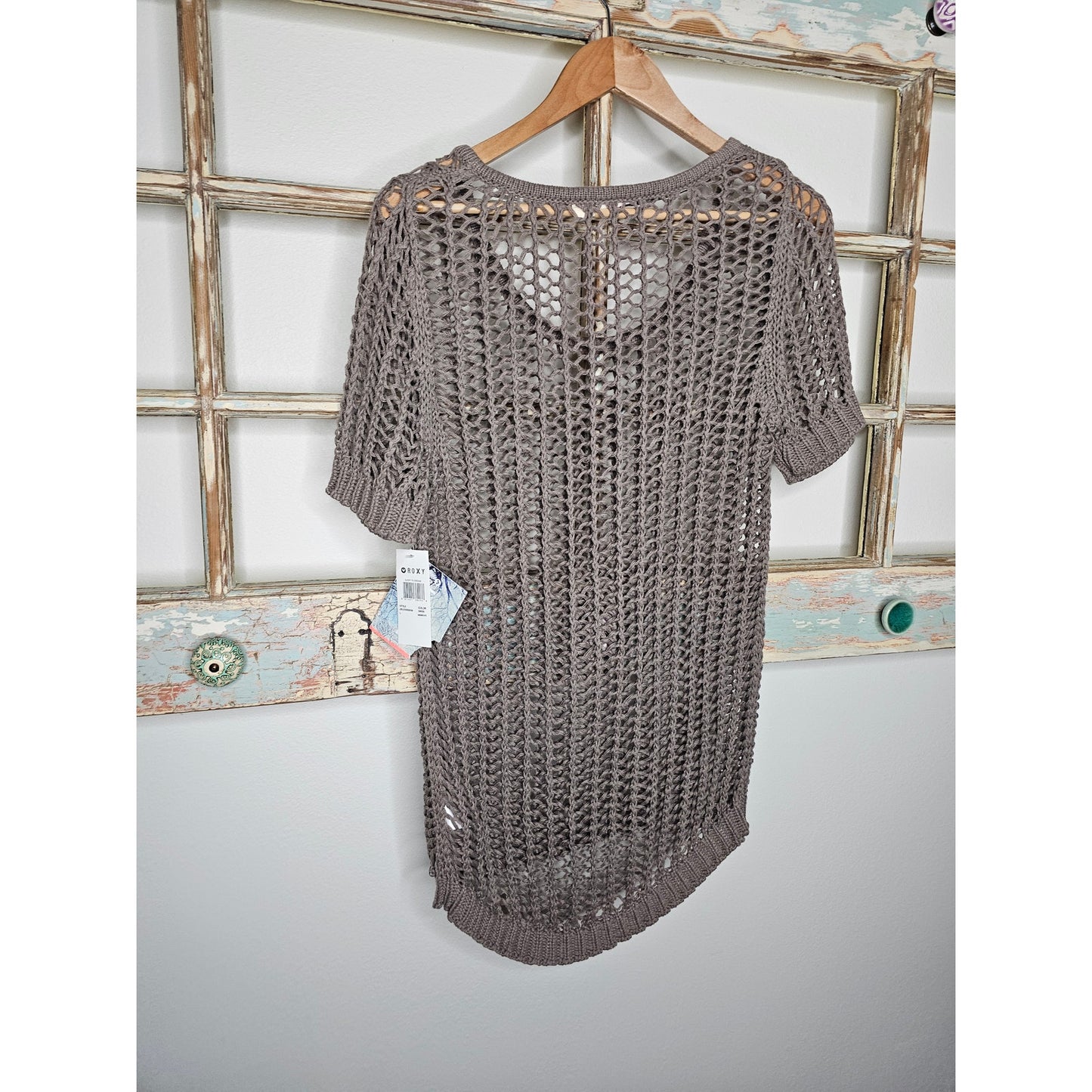 NWT Roxy Taupe Open Knit High Low Short Sleeve Top Size Large