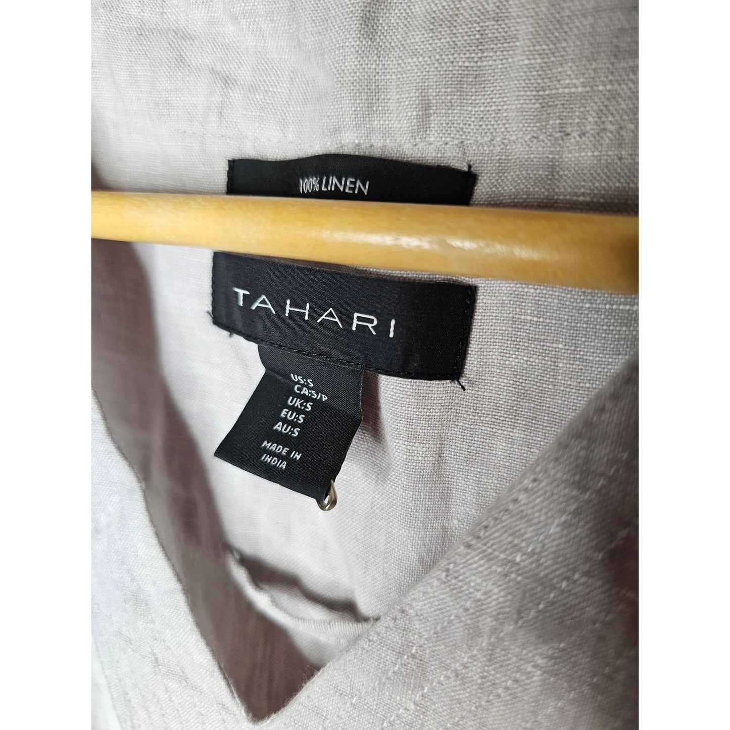 Tahari 100% Linen Sleeveless V-Neck Dress Tie Waist Midi Side Slits Size Small