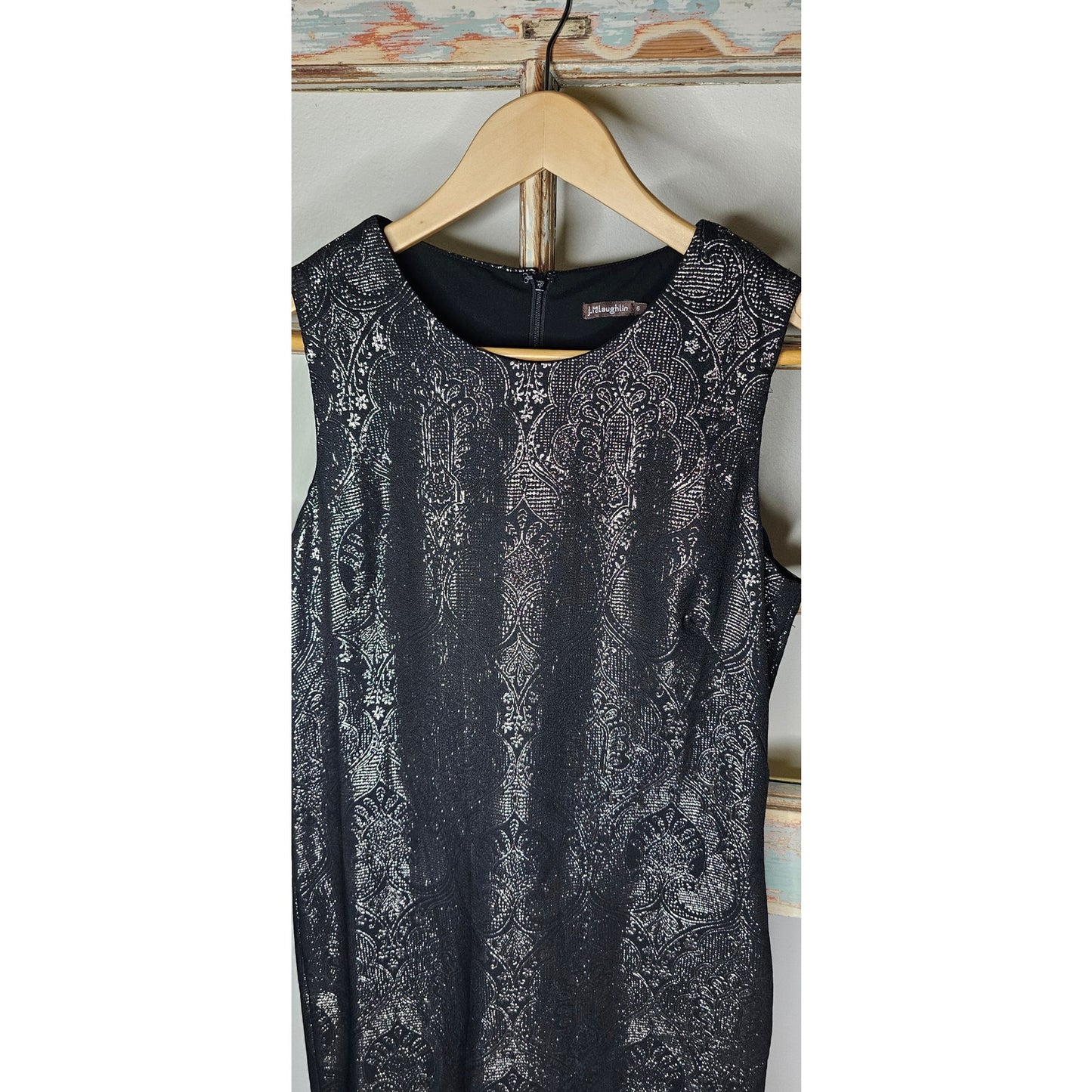 J. Mclaughlin black/pewter metallic floral sleeveless knee length Dress ladies size 6