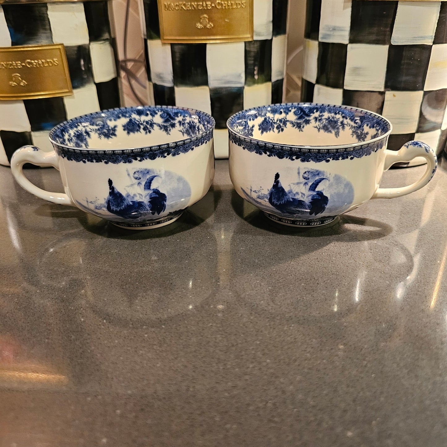 Rooster Tea Cups William James Farm Yard Set of 2 Blue & White