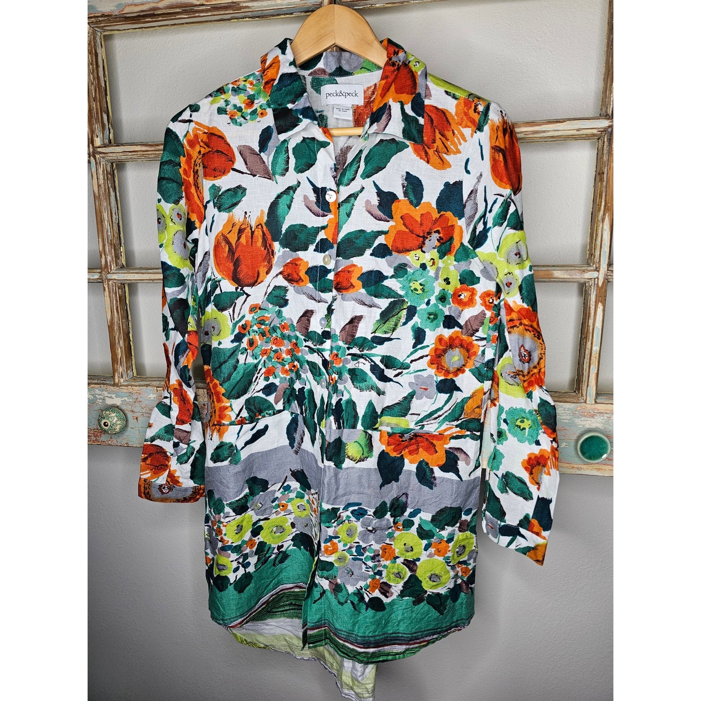 Linen Peck & Peck Fall Floral Tunic Long Sleeve Button Up Ladies size Small