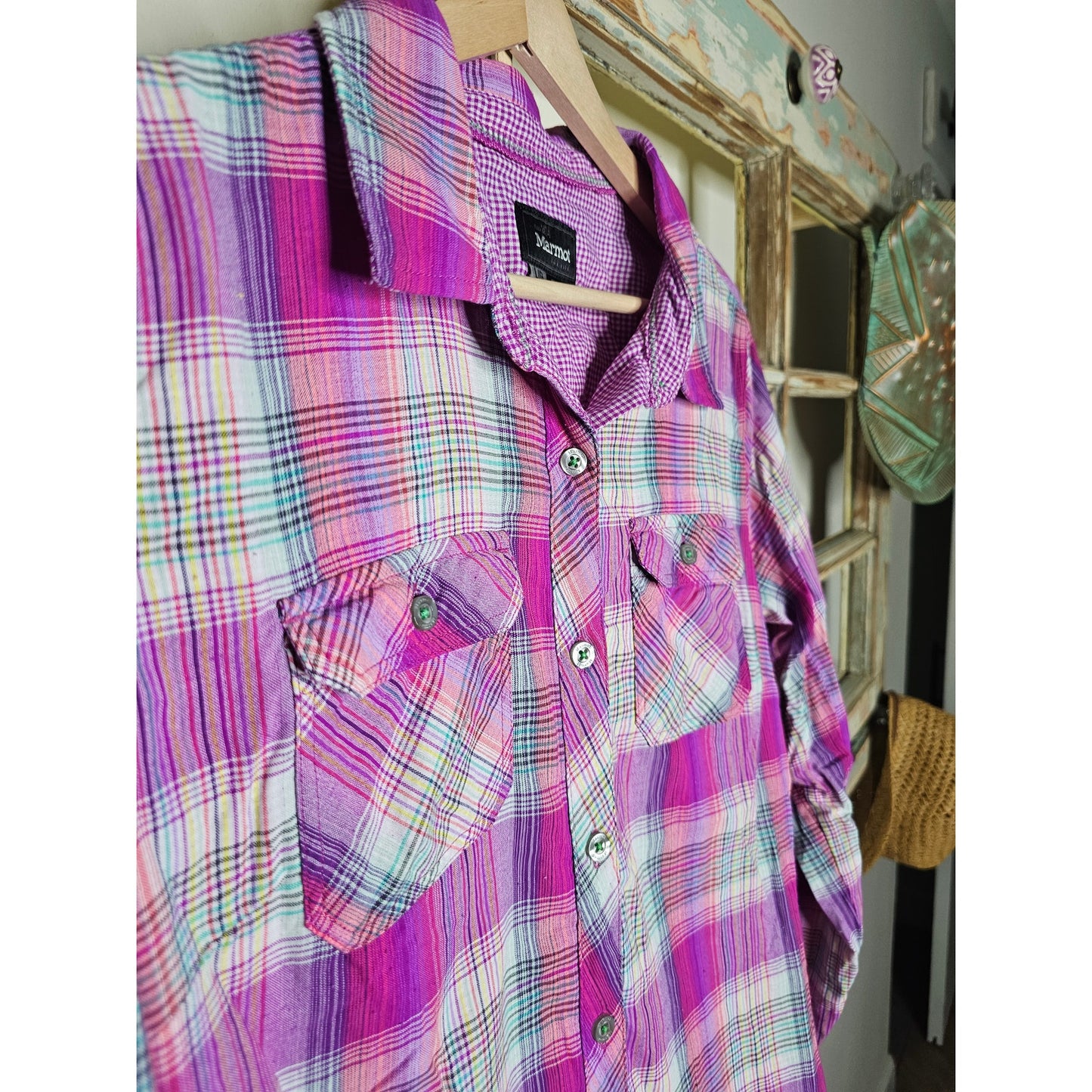 Marmot Magenta Plaid Button Up Long Sleeve Top Ladies size Large