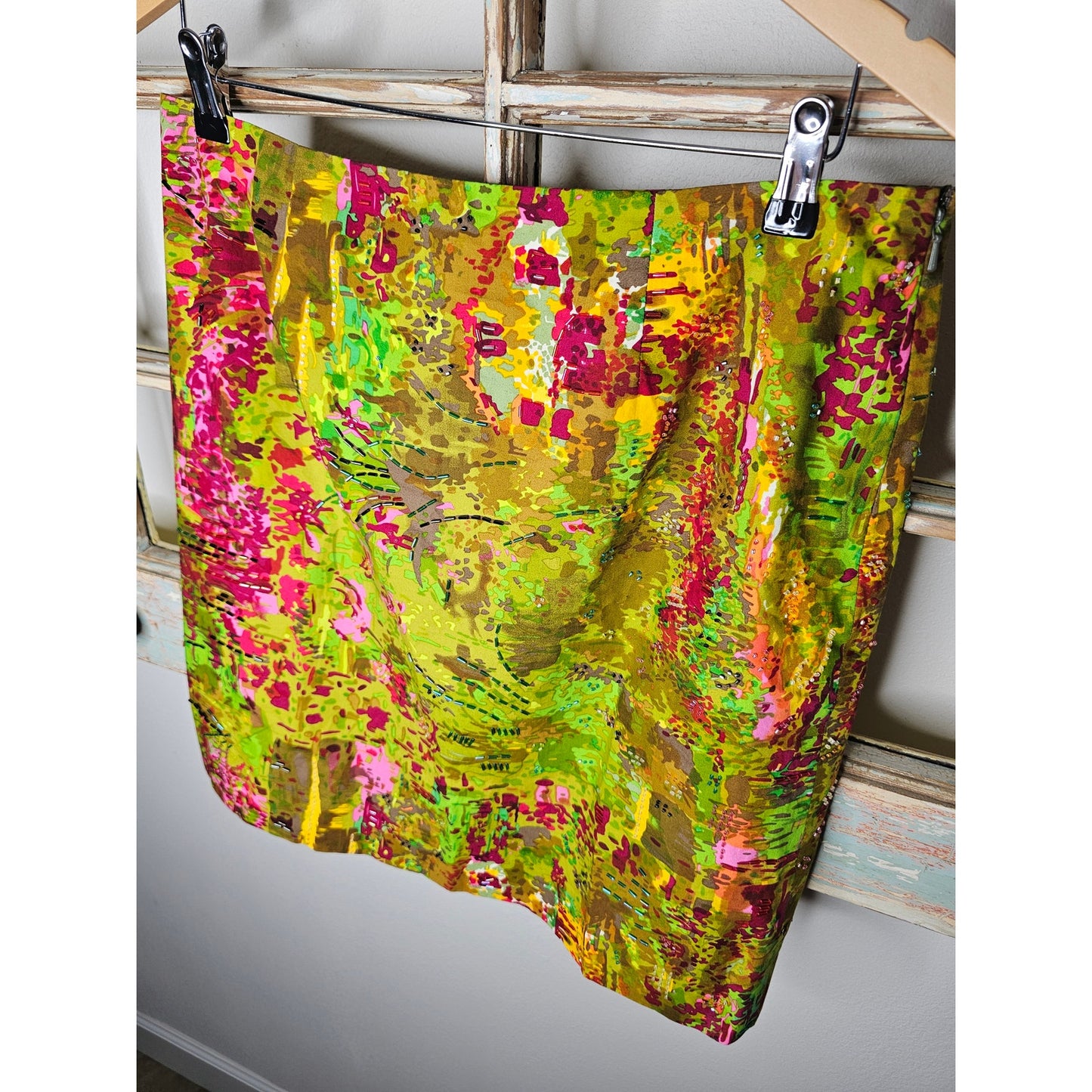 Etcetera Lined Abstract Skirt Womens Size 12 Green Multi Beaded Pencil