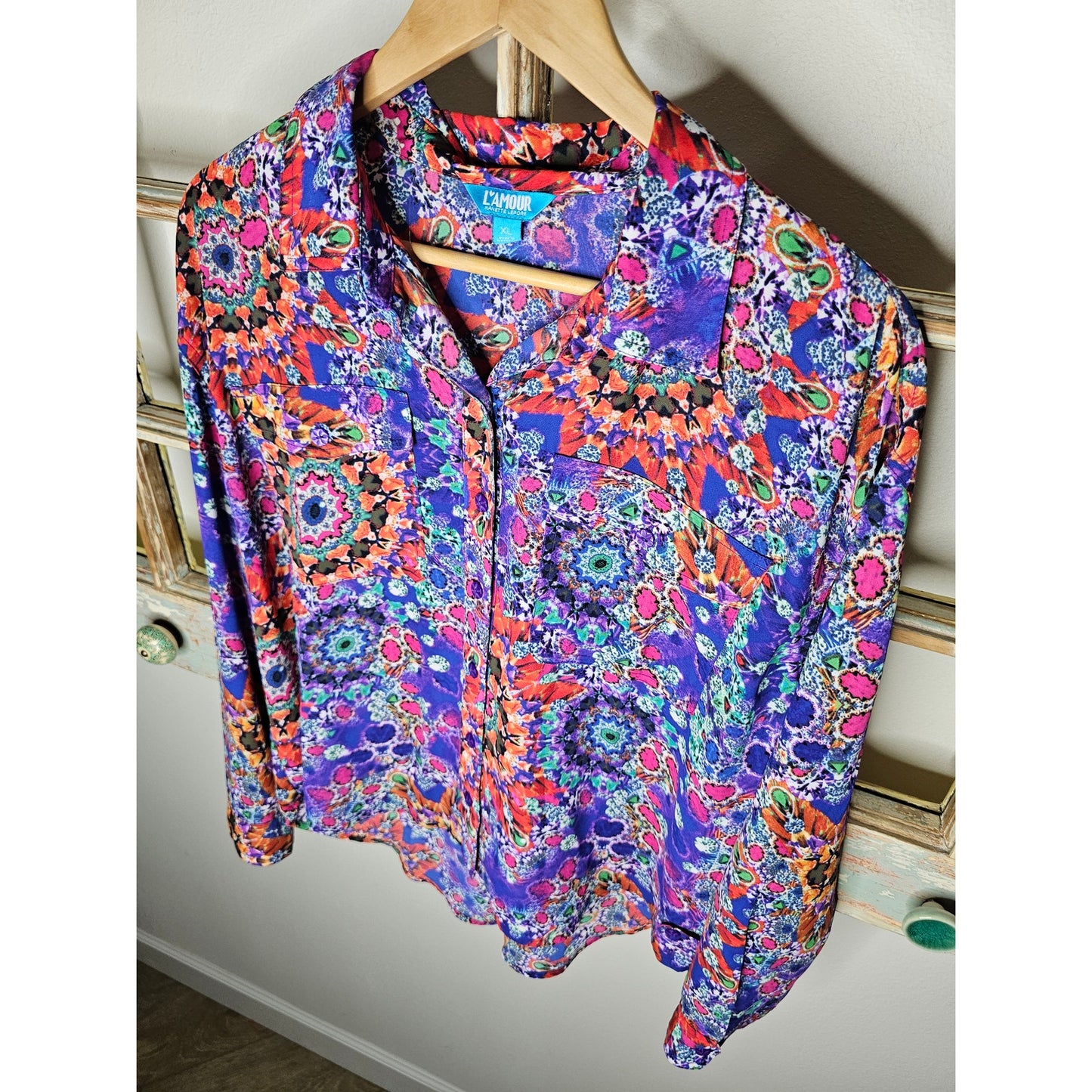 L'Amour Nanette Lepore Vibrant Abstract Button Up Blouse Size XL