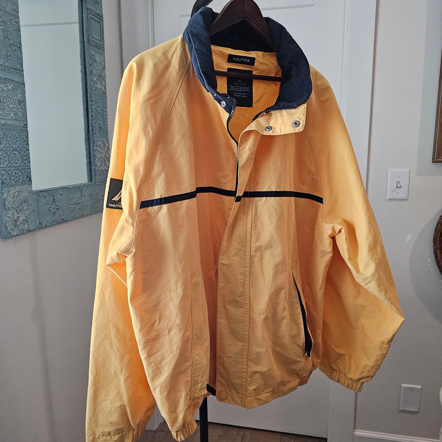 Vintage Nautica Gold/Blue Zip Up Wind Breaker Hidden Hood Mens Size XL