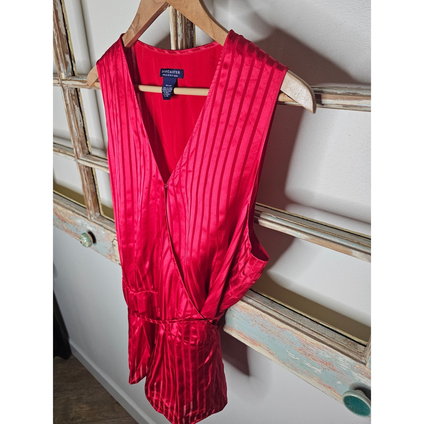 NWT Don Caster 100% Silk Red Sleeveless Wrap Style Blouse Size Large