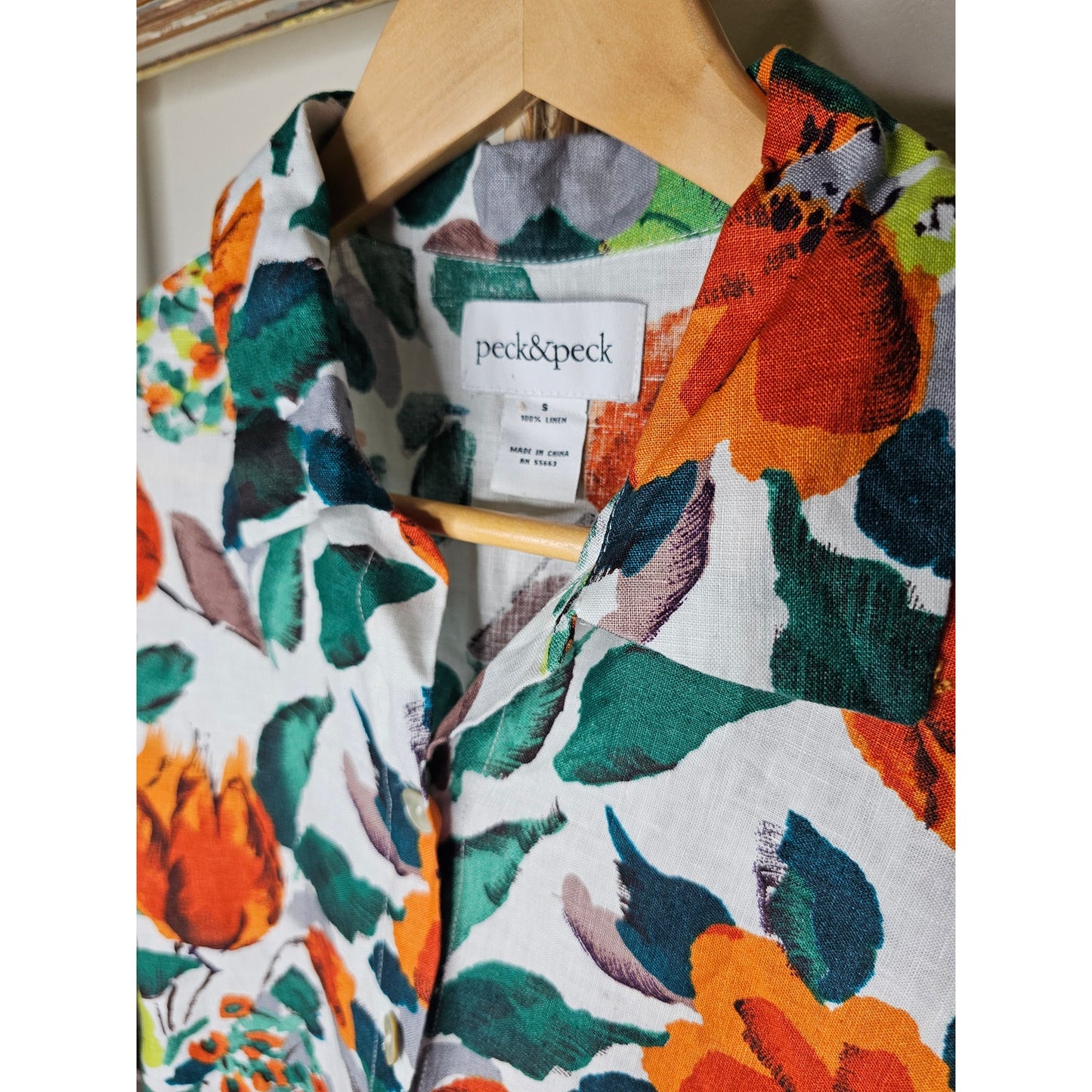 Linen Peck & Peck Fall Floral Tunic Long Sleeve Button Up Ladies size Small