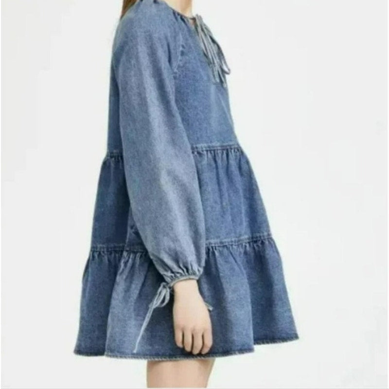 En Saison Bruna Medium Wash Denim Mini Tiered Babydoll Dress Size XS