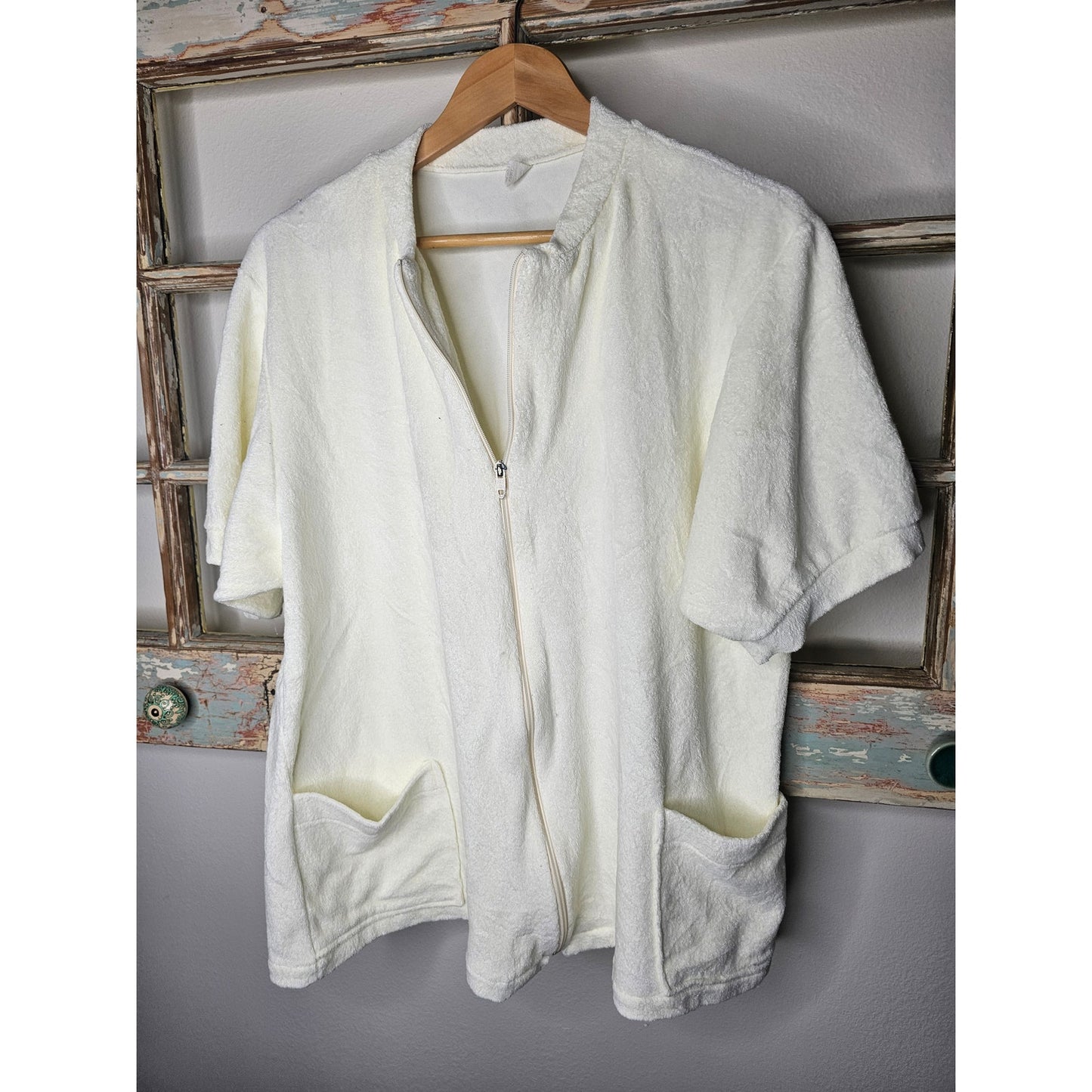 Vintage Cream Terry Cloth Zip Up Top W/ Pockets Oversized Unisen Size Small
