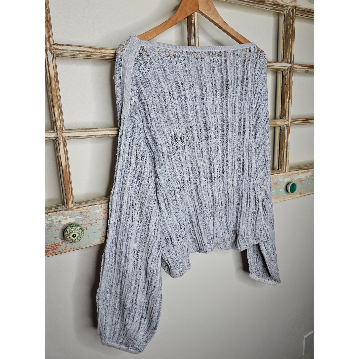 Splendid Open Knit Boatneck Balloon Sleeve blue/white Top Size XL