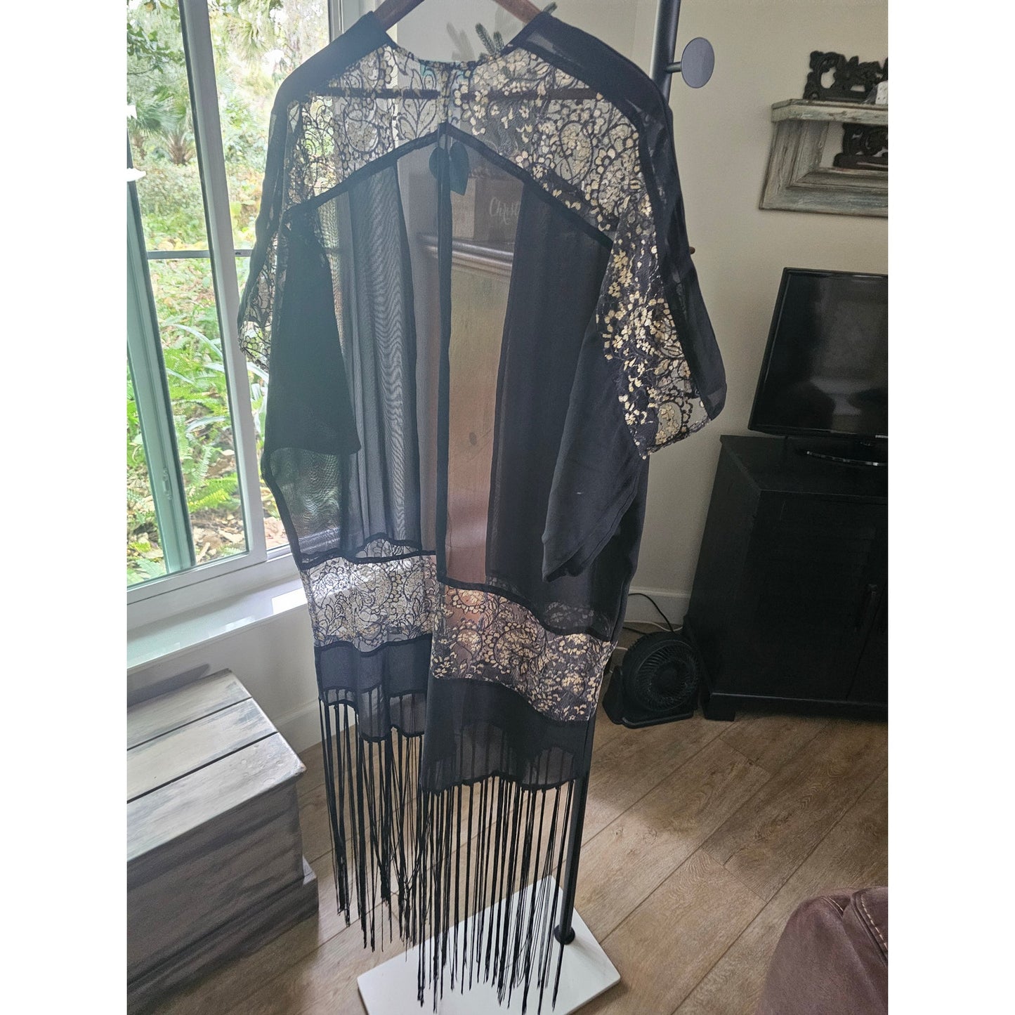 NWT Betsey Johnson black & gold Fringe Sheer Kimono ladies OSFM
