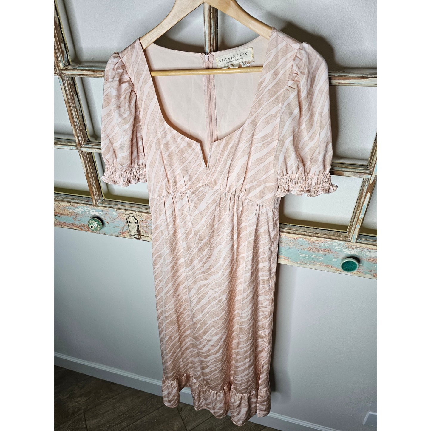 Saltwater Lux Satin Midi Dress Puff Sleeves Ruffled Bottom Size Small