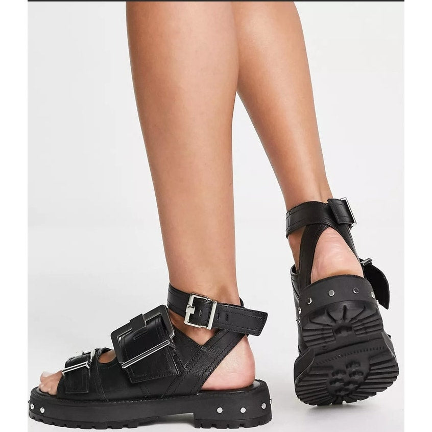 NWB Asos Finchley Premium Leather Chunky Flat Sandal with Buckles Size 6