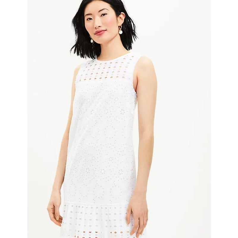 NWT LOFT White Eyelet Sleeveless Sheath Dress with Ruffled Hem Size 14
