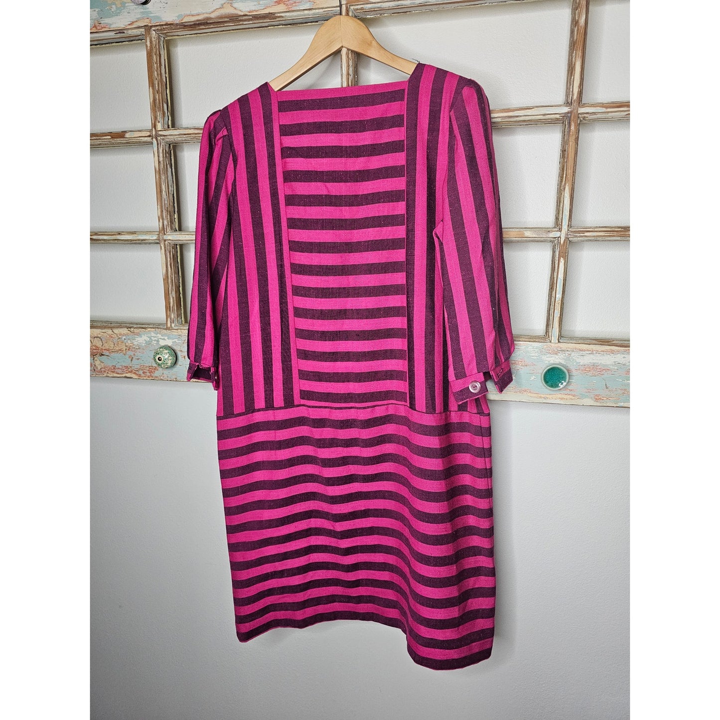 Vintage Pink/Maroon Striped 3/4 Sleeves square neck Ladies size Large