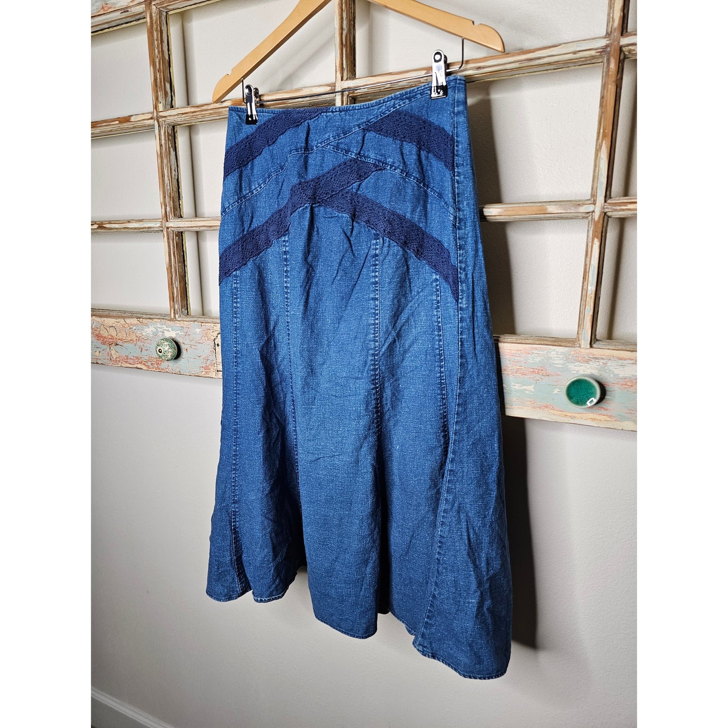 Vintage Blue Denim Prairie Skirt with Crochet Accents Ladies size 6