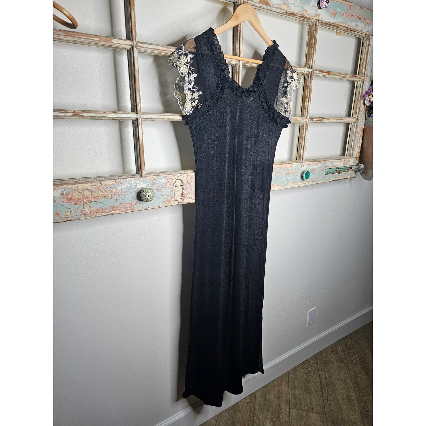Vintage Nightlady Black Sheer Full Length Nightgown / Dress size Small