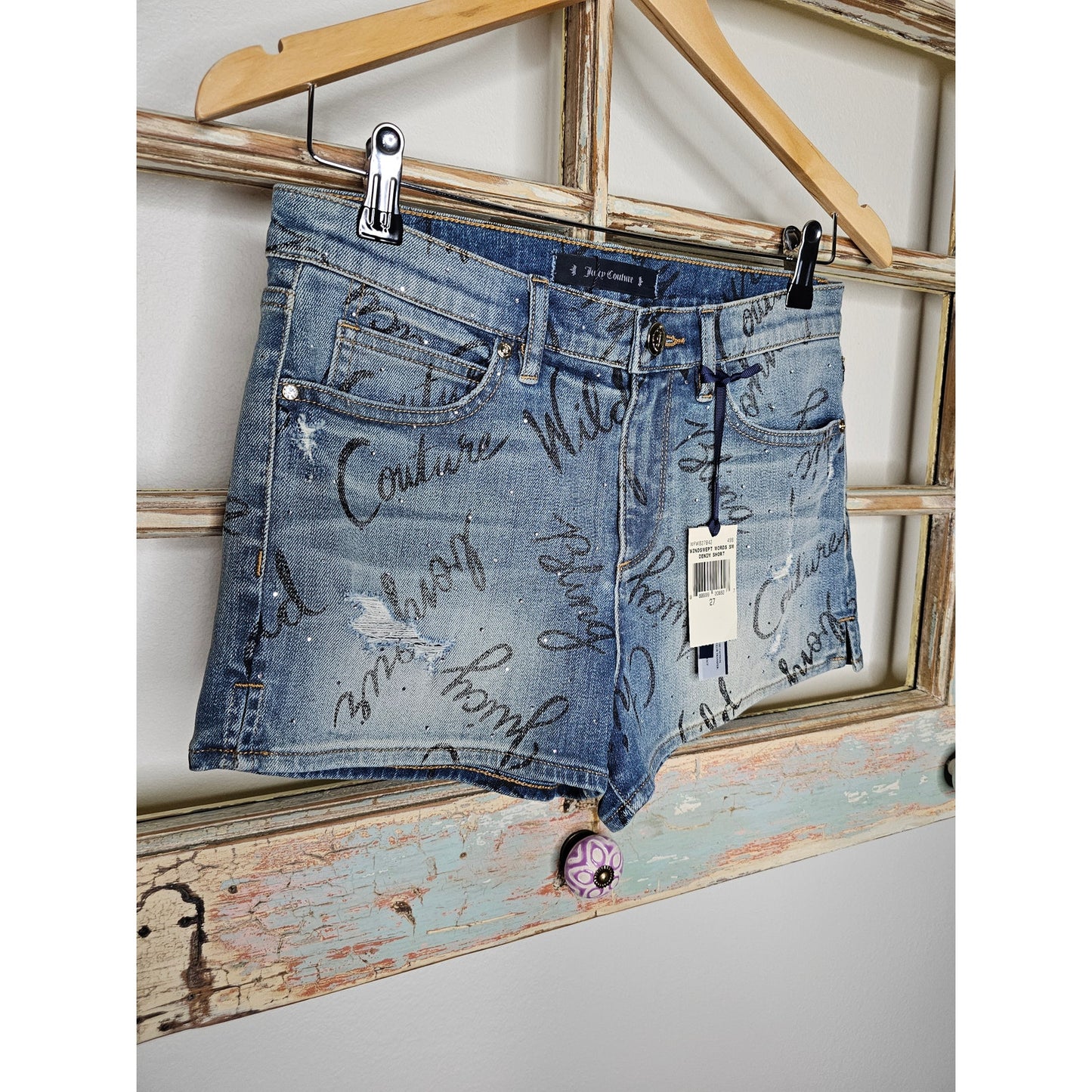 NWT Juicy couture Mid Rise Crystals & Graffiti Denim Shorts Ladies size 27