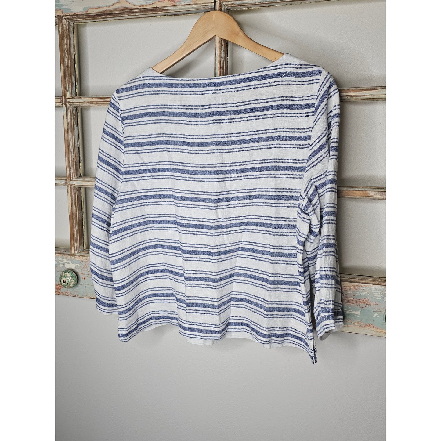 Linen Striped Sigrid Olsen 3/4 Sleeves Boatneck Top Size Medium