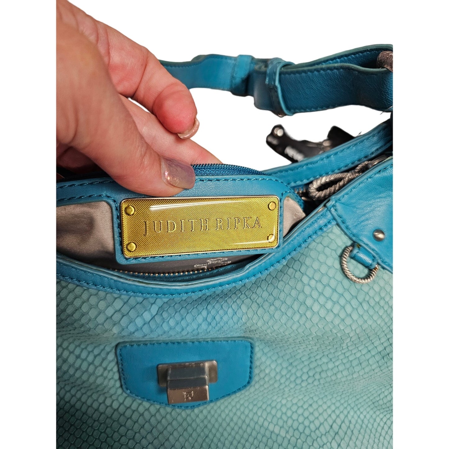 Judith Ripka Turquoise Suede Snakeskin leather Hoho Shoulder Bag Purse wi/ Dust bag