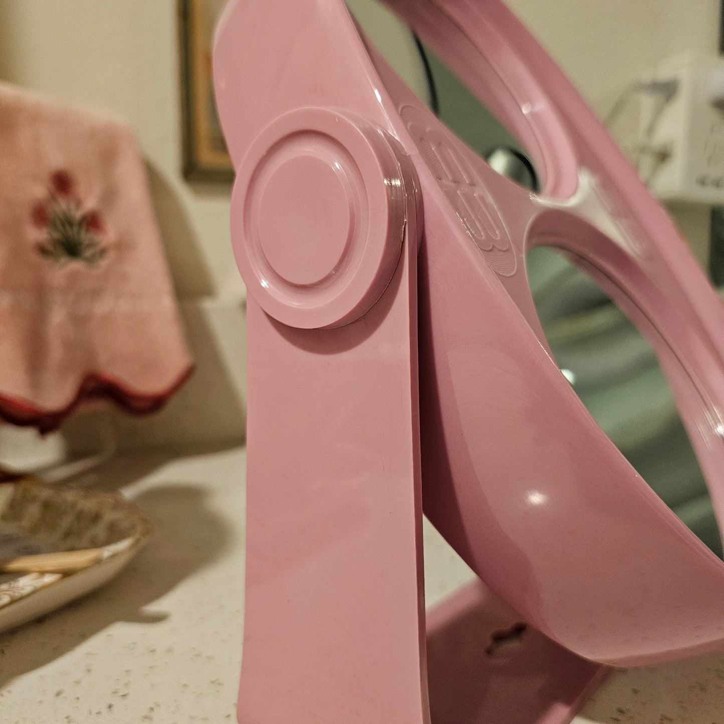 Vintage Pink Molded Plastic Doubled-Sided Tabletop Vanity Mirror Circa 1970's