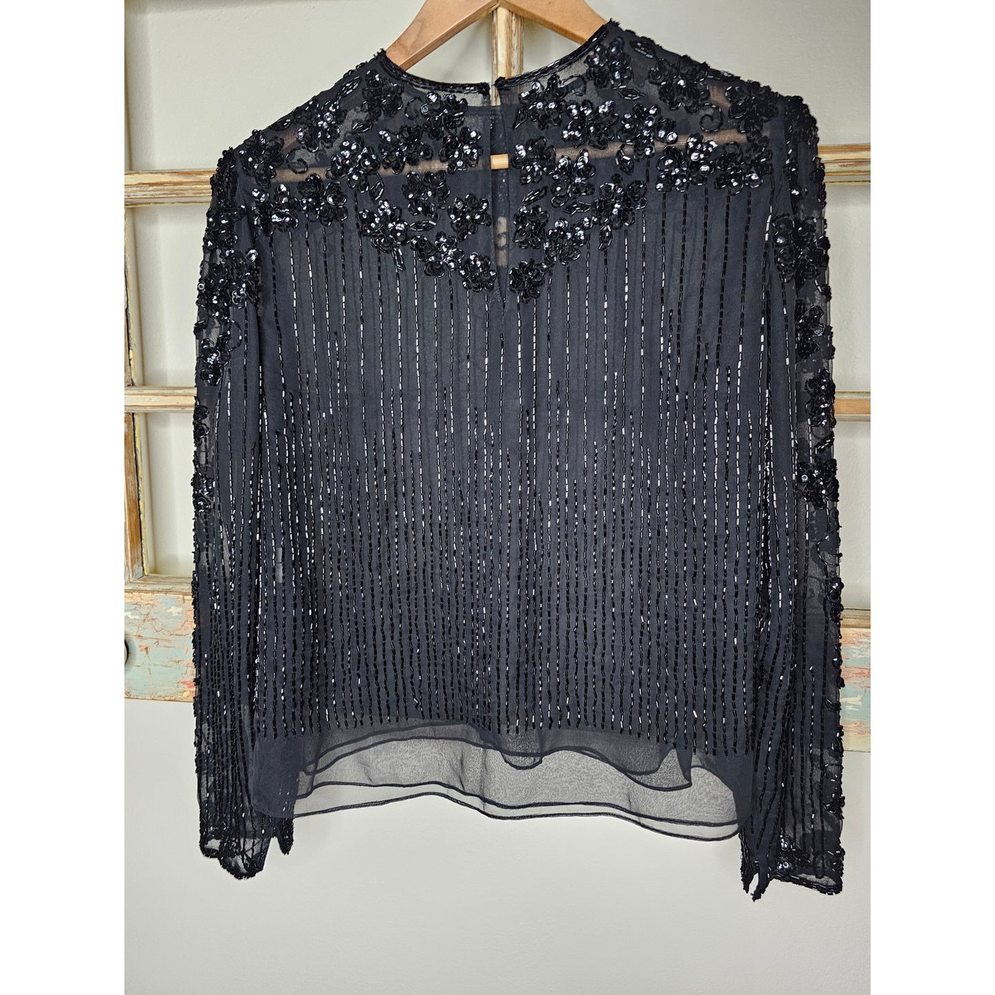 Vintage Black Beaded Long Sleeve Lined Blouse Ladies Size 12