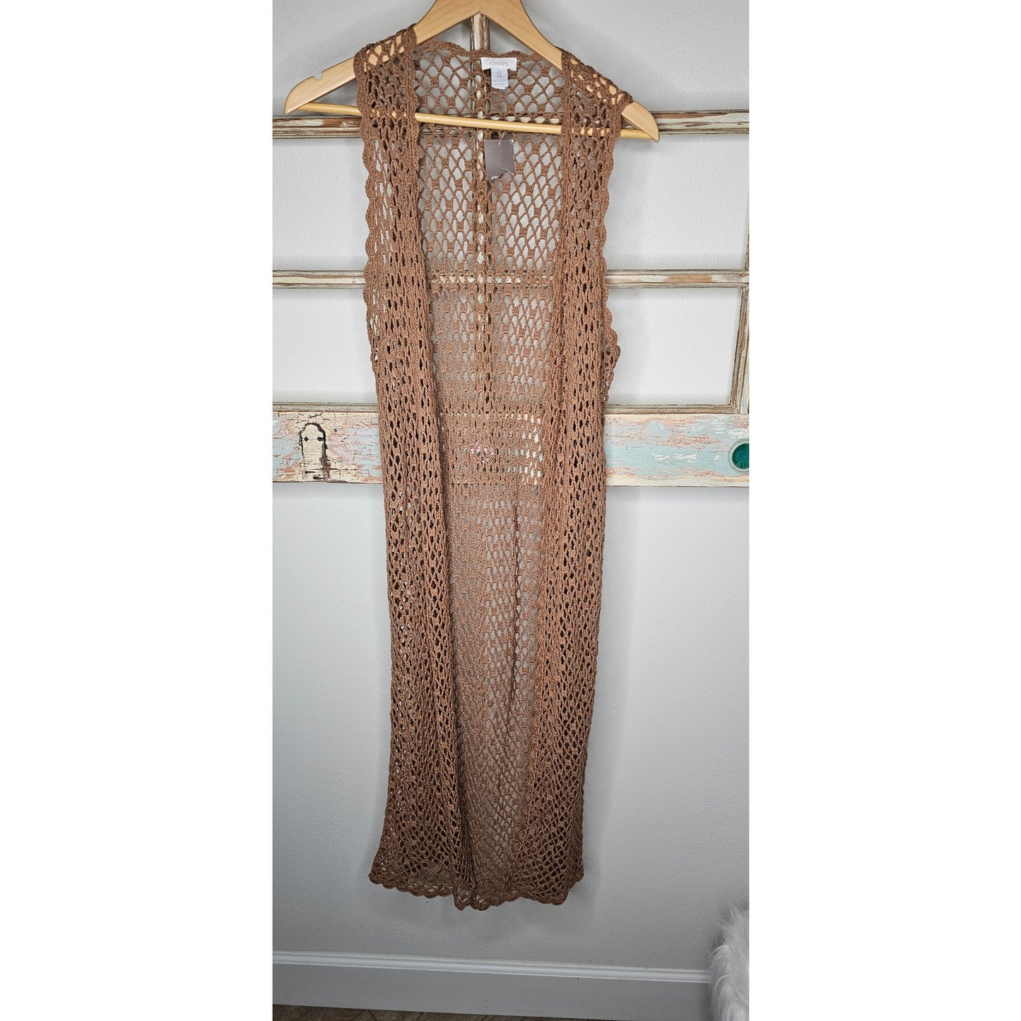 NWT Chico's Valerie Crochet Long Taupe Long Boho Open Vest XS / Chico's size 0