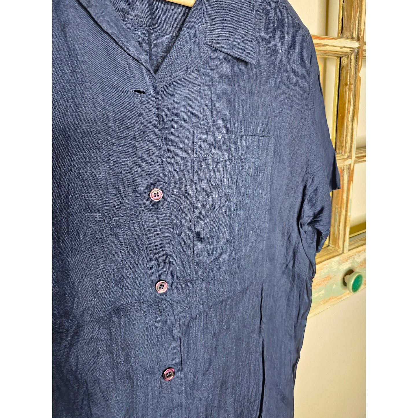 Irish Linen Navy Short Sleeve Button Up Shirt Richard Malcolm Size Large