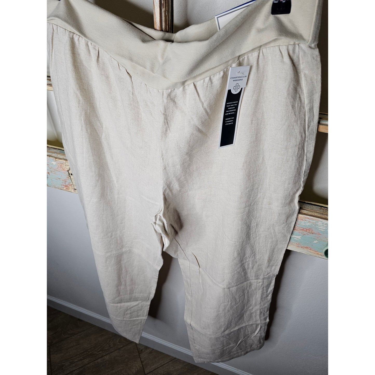 NWT Linen Straight Leg Pants in Flax with Elastic roll down waist Ladies size XL