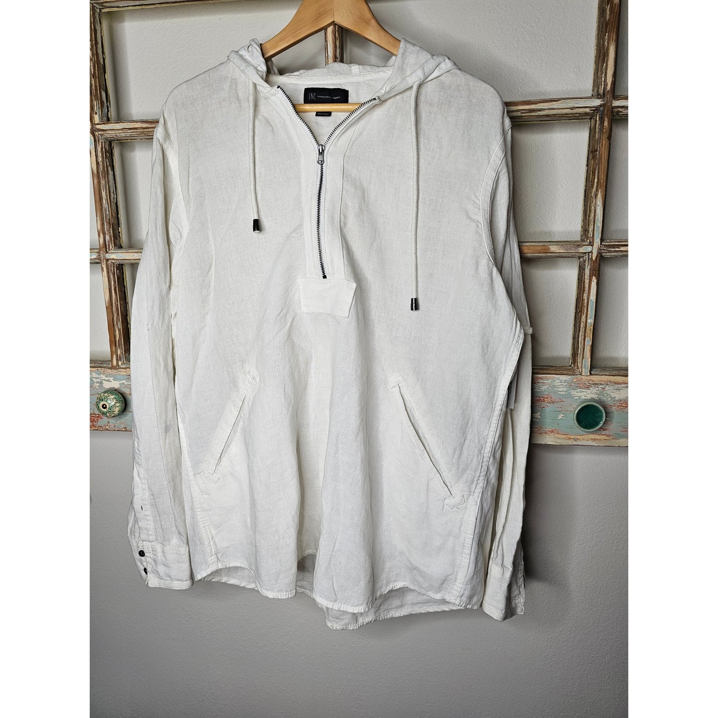 INC International White Linen Pullover Hoodie 1/3 Zip Ladies size XL