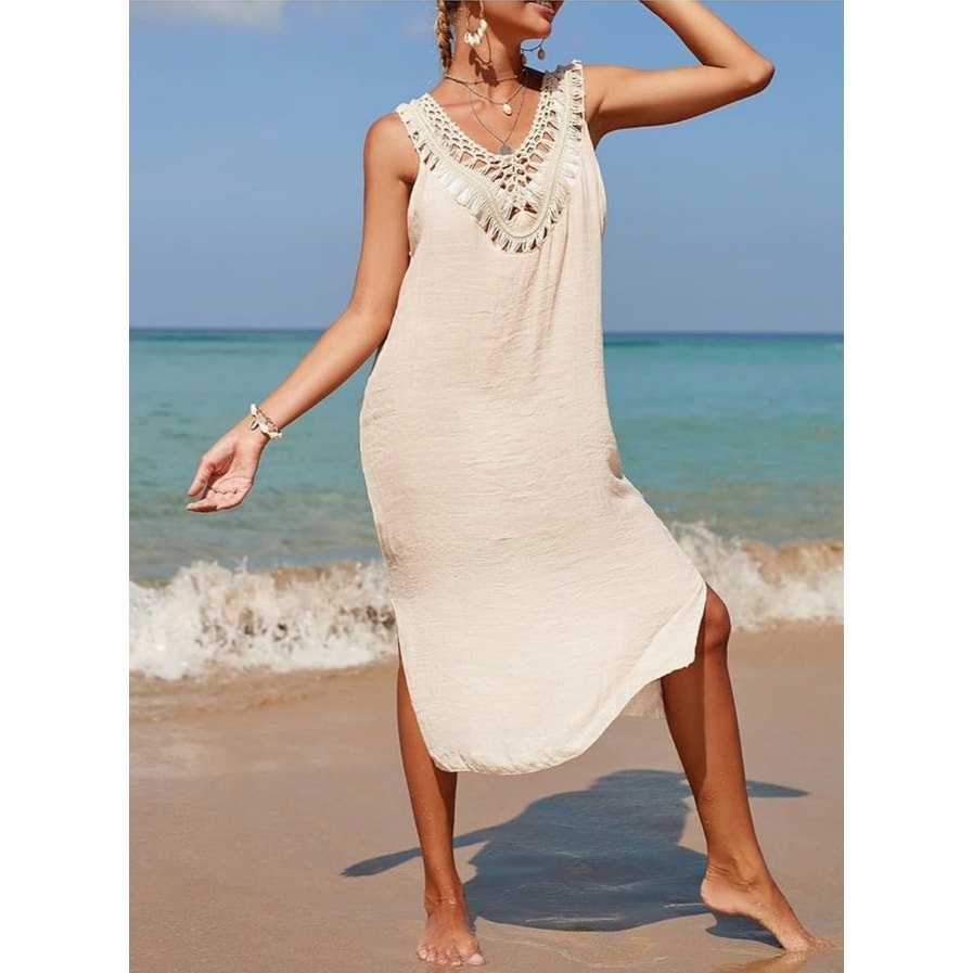 Floerns Women's Sleeveless V Neck Slit Hem Crochet Cover Up Dress size Medium