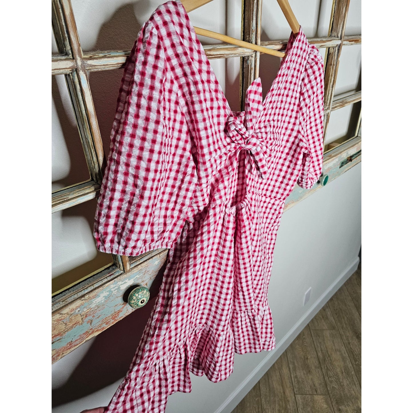 Gingham Red/White Tie Back Flounce Swing Dress Ladies size 12